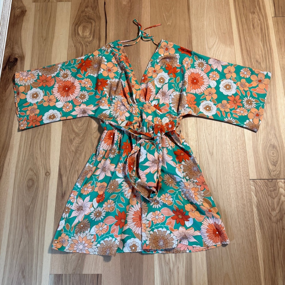 Aakaa Floral Mini Dress Womens Medium Green Orange 70s Retro Kimono Sleeve Tie